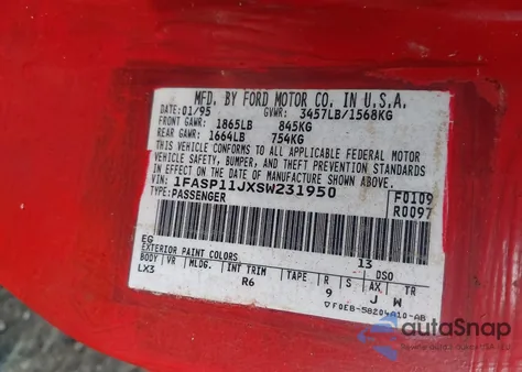 1995 Ford Escort Lx/Sport из США, поврежденный, VIN 1FASP11JXSW231950